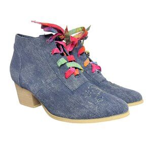 YRU Aura Lo Denim Lace-Up Ankle Boots, Moon & Stars, Witchy, Size 8